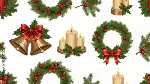 Christmas decoration pattern featuring wreaths, candles, bells, and ribbons on a white background with a festive holiday theme.