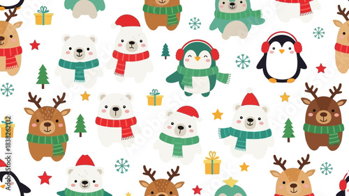 Festive Christmas decoration pattern featuring cartoon animals in scarves and Santa hats on a white background with trees and gifts.