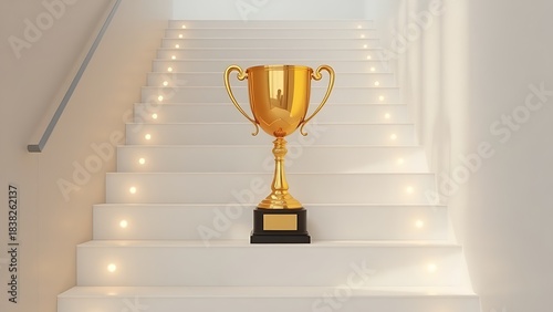 middleground. A golden trophy rests on a central staircase step, symbolizing achievement with elegant lighting and a minimalist polished metal surface. event key visuals.