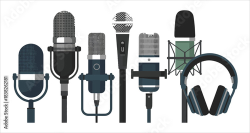 group of various microphones and studio headphones for audio recording and broadcast