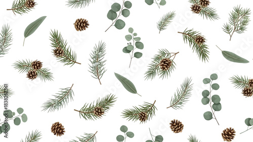 Seamless pattern of winter foliage including pine branches, eucalyptus leaves, and pinecones on a white background.