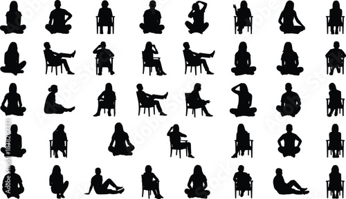 Sitting people silhouette pose collection, male and female seated on chair, cross legged, relaxing, meditation vector illustration set