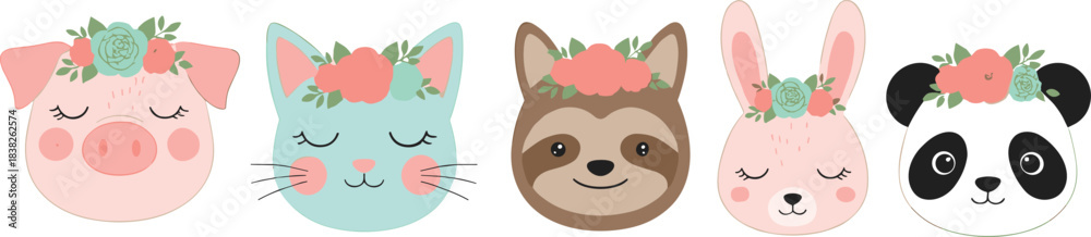Fototapeta premium Adorable vector collection of five cartoon animal heads (pig, cat, sloth, bunny, panda) with sleepy eyes and pastel floral crowns, perfect for nursery art, baby shower invitations, and children's appa