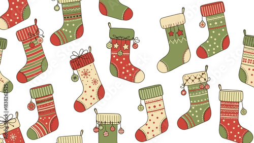 A colorful assortment of Christmas stockings with various patterns and decorations scattered across a plain white background in a festive holiday display.