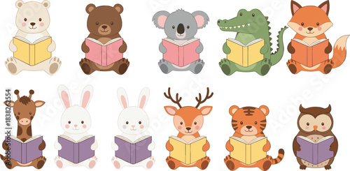 Adorable vector collection of ten cartoon wild animals (fox, tiger, koala, deer, crocodile, giraffe, polar bear, rabbit, owl) sitting and reading open books, perfect for educational materials and chil