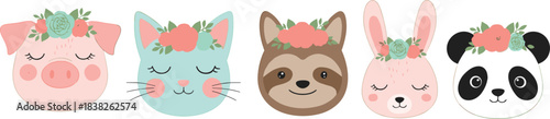 Adorable vector collection of five cartoon animal heads (pig, cat, sloth, bunny, panda) with sleepy eyes and pastel floral crowns, perfect for nursery art, baby shower invitations, and children's appa