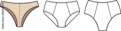 Women's underwear vector set, bikini briefs and high waist panties, front and back views, fashion flat technical illustration collection design