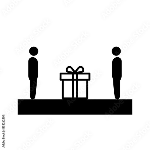 Platform two figures facing gift on stage vector illustration