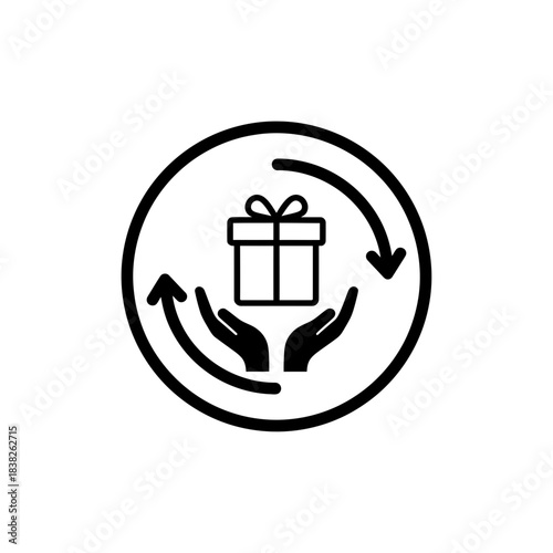 Circular badge hands arrows around gift vector illustration