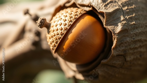 cupule. Oak acorn emerging from its cupule under natural light, highlighting its oval shape. gardening catalogs, home-decor guides, designed for home decor and floral branding.