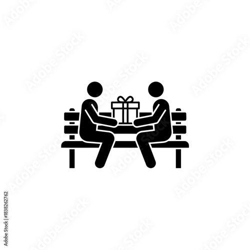 Bench two figures with gift between silhouette vector illustration