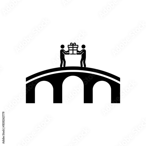 Arched bridge two figures exchanging gift vector illustration