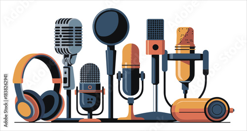 Set of various modern and vintage podcasting microphones with one pair of headphones