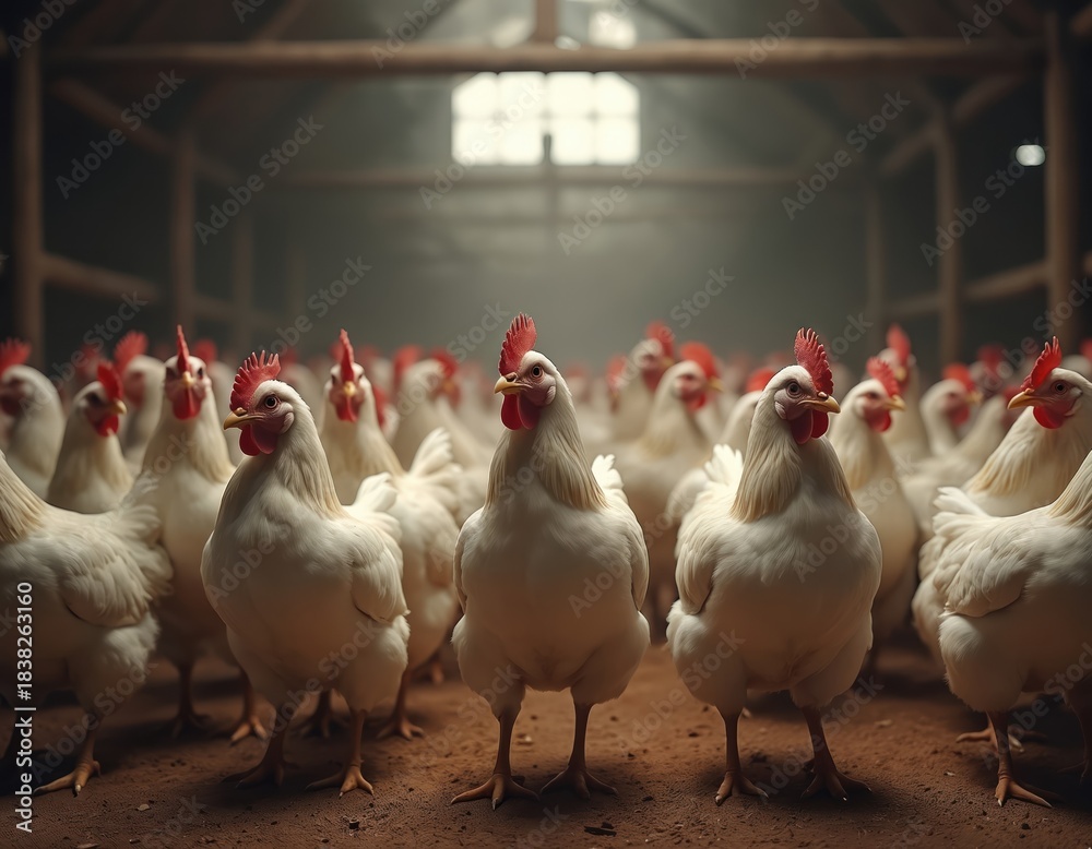 Fototapeta premium Many white broiler chickens stand inside commercial farm house. Large group of young hens on dirt ground inside dusty poultry barn. Birds ready for meat production, agribusiness, food industry,