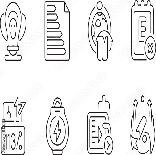 Collection of 8 vector line icons representing concepts such as data food finance and technology