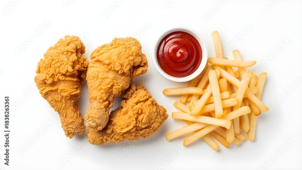 Naklejka premium Golden fried chicken served with crispy fries, ketchup dip