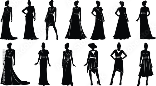Elegant fashion woman silhouettes, stylish dress poses featuring gowns and modern outfits, chic apparel illustration for branding, design, editorial vector set