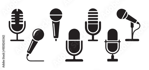 Collection of various black microphone icons in simple graphic style