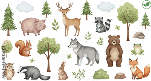 A detailed watercolor style collection of woodland animals, including a deer, fox, bear, pig, wolf, and rabbit, with forest trees, bushes, and natural elements.