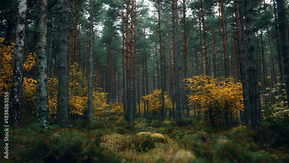 Naklejka premium Serenity in a Dark Green Pine Thicket in Latvia’s Verdant Forests