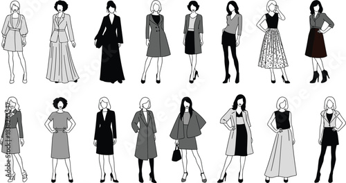 Fashion woman illustration set, stylish outfits and elegant poses, modern female character designs for branding, fashion magazines, clothing catalogs, vector collection