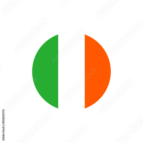 Green white orange circular Irish flag icon, stylized tricolor symbol of Ireland’s national pride, culture, heritage, unity, and international identity