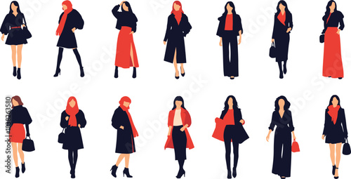 Fashion woman illustration set, stylish winter outfits and modern clothing looks, elegant female character poses for branding, magazines, apparel design vector collection