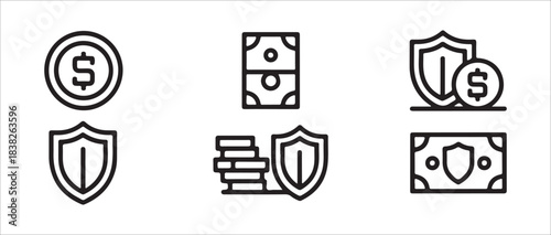 Money and security icons set coin banknote shield stack of cash currency protection