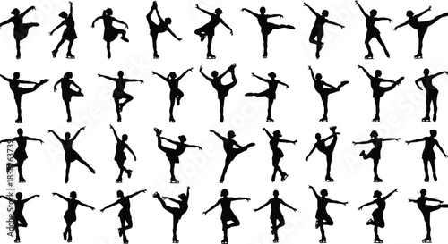 Figure skating silhouette collection, graceful ice skater poses performing spins, jumps, balance moves for winter sports design, choreography, training vector set