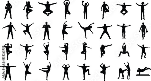 Fitness silhouette collection, diverse workout poses including stretching, balance, yoga, cardio, strength training, active movement illustrations for exercise, sport vector set