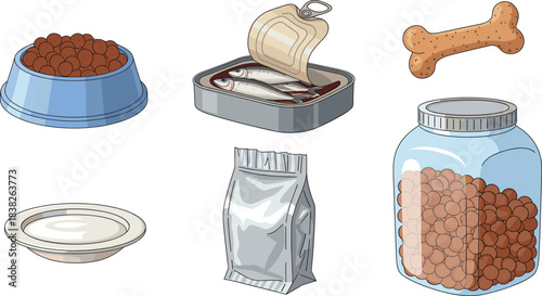 Pet food and treats illustration set featuring kibble bowl, fish can, treat bone, storage jar, and packaging for animal care designs