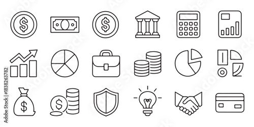 Finance and business icon set with coin money bank calculator chart portfolio suitcase