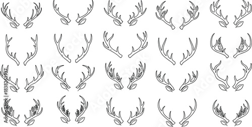 Hand-drawn deer antlers collection, decorative horn illustrations set for rustic design, forest wildlife elements, vintage woodland style artwork concepts