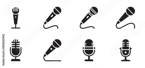 Set of black silhouette microphone icons on white background. collection of various mic symbols