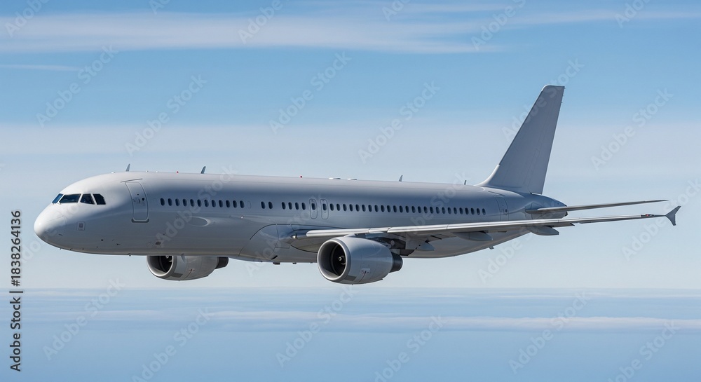 Obraz premium Commercial Airliner Flying High Against a Beautiful Cloudy Blue Sky