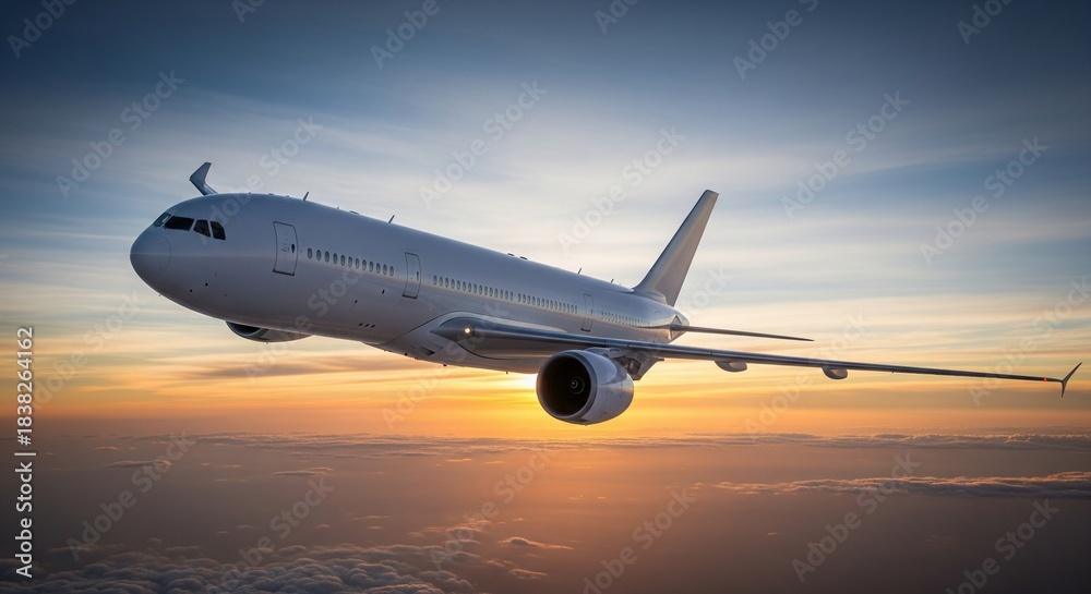 Fototapeta premium Airplane Flying High Above Clouds at Sunset Sky, Commercial Jet