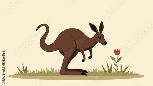 Cute brown kangaroo near flower on grassy field