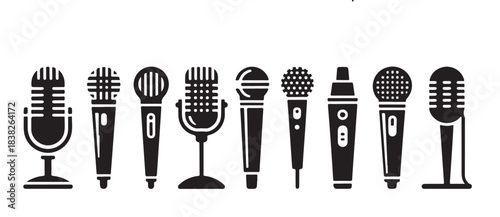 Collection of black microphone icons on white background. set of various mic symbols