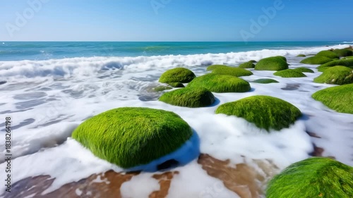 Sea Waves Breaking Over Moss-Covered Shore Boulders