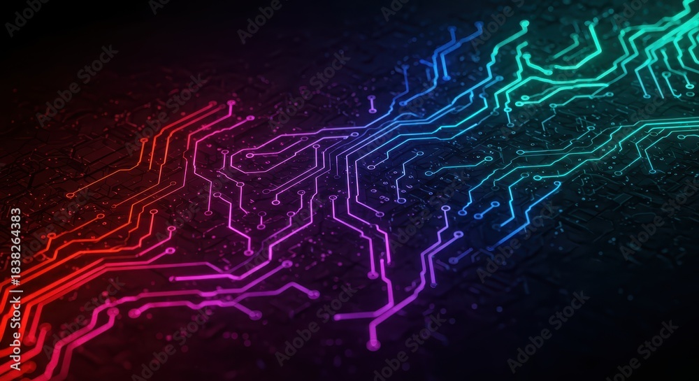 Obraz premium Illuminated digital pathways glow with vibrant colors across a dark background surface