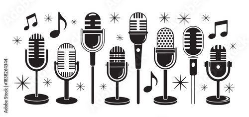 Set of microphone black icons. various mic symbols for audio recording and broadcast on white background