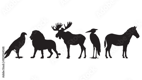 Collection of animal silhouettes including a hawk lion moose stork and horse in a flat vector style for nature or wildlife concepts isolated on white