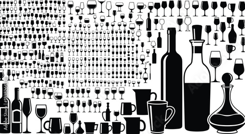Large collection of drinkware silhouettes including wine glasses, bottles, mugs, decanters, bar icons illustration set for beverage design, restaurant concepts