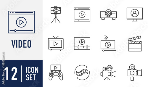 Video line icons set. related icon film, and multimedia line icons set for production, streaming, entertainment, and digital content creation interfaces. Vector