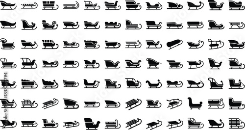 Large collection of sleigh and sled silhouettes, winter vehicle icons set for Christmas transport, holiday decoration elements, festive seasonal design concepts