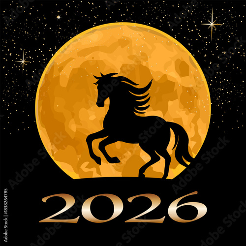 A huge yellow moon with the silhouette of a horse.Vector illustration of a black silhouette of a horse against a bright moon and New Year's numbers.
