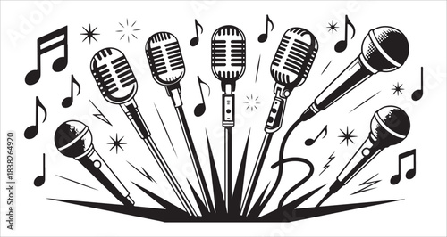 Several vintage microphones with musical notes and stars black and white graphic vector illustration
