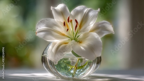 Single white blossom rests within a clear, round glass vase illuminated by soft light