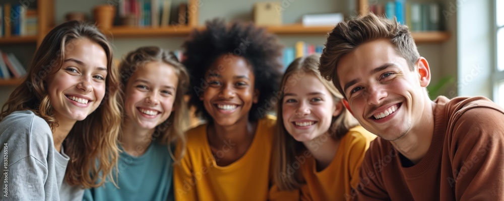 Obraz premium Group of smiling teenagers gather in classroom setting. Diverse students collaborate, learn together. Youthful faces express happiness, engagement during education. Illustration represents modern
