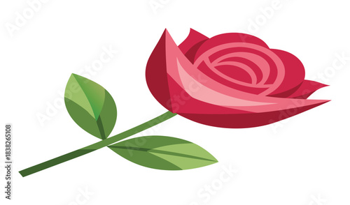Single red rose with green leaves and stem isolated on white background